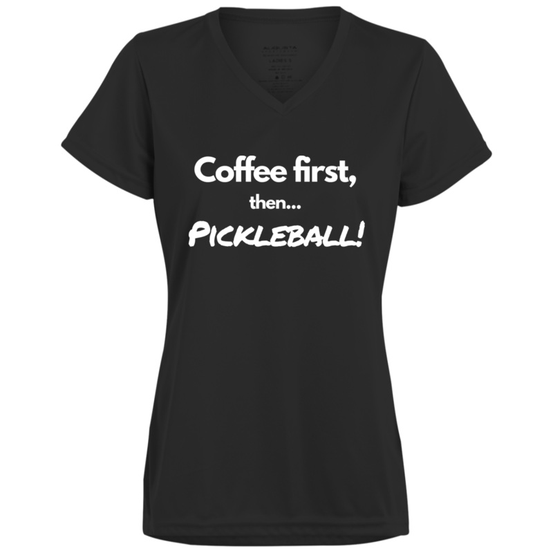 Women’s V-Neck Dry Fit – Coffee First (white print)