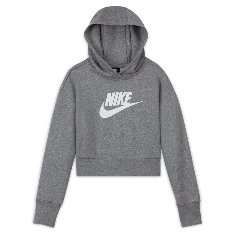 Girls’ Sportswear Club French Terry Cropped Hoodie Carbon Heather and White