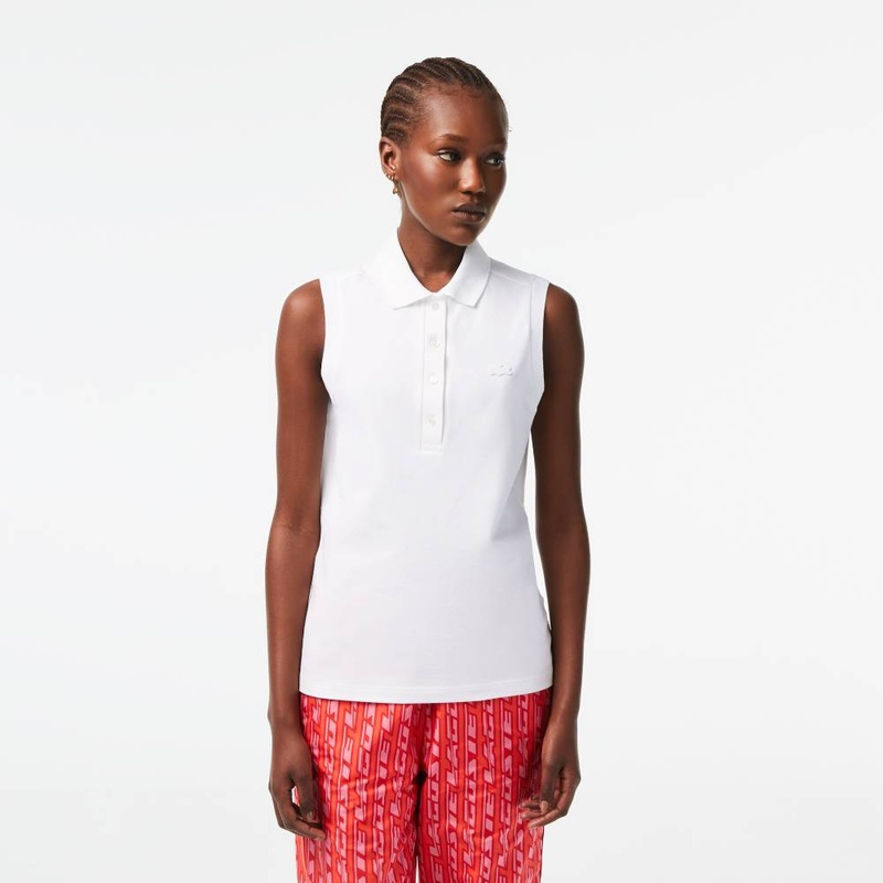 Lacoste Women’s Slim Fit Sleeveless Cotton Pique Polo Tank Top (White)