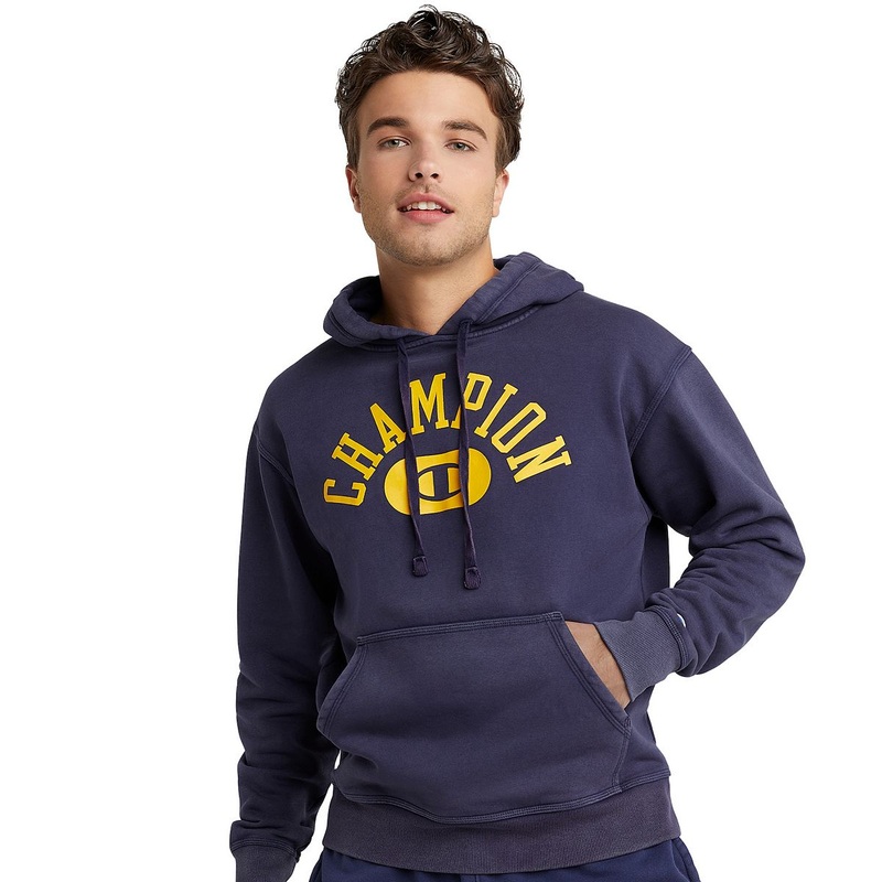 Champion Mens Varsity Hoodie Block Arch SM Solar Wash Athletic Navy