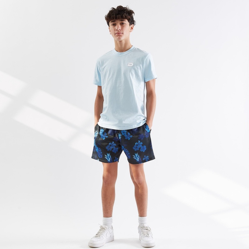 The Drip Shop Midnight Hibiscus Shorts Sky Blue/Black Youth Small