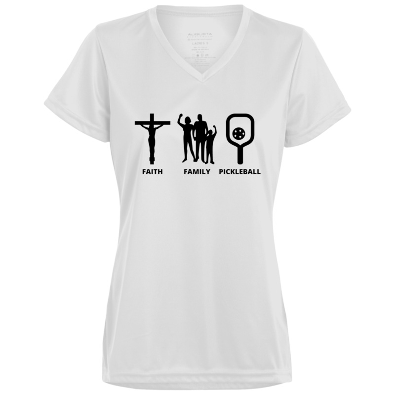 Women’s V-Neck Dry Fit – Faith Family Pickleball (black print)