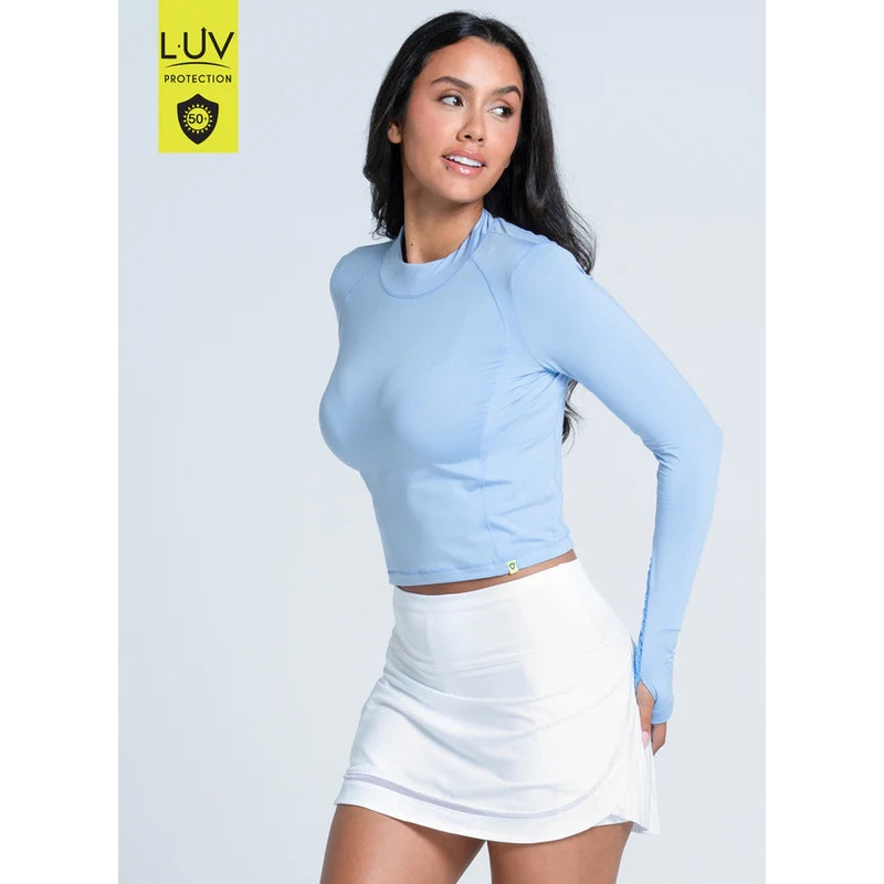 Women’s Lucky in Love Mock Neck Hip Fit Long Sleeve Powder Blue Small