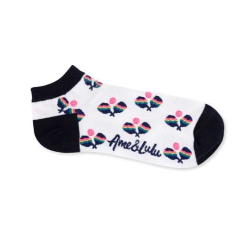 Ame & LuLu Meet Your Match Socks White with Rainbow Pickleball Paddles