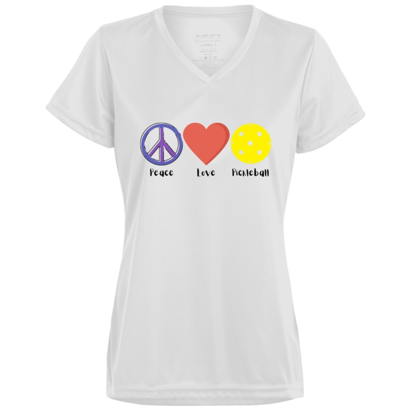 Women’s V-Neck Dry Fit – Peace Love Pickleball (symbols)